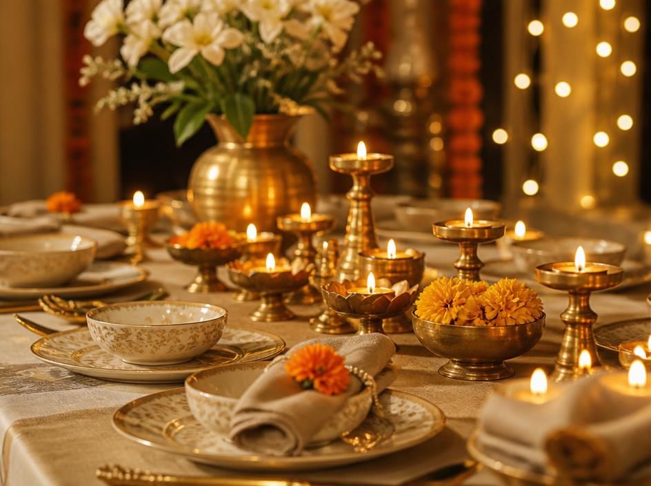 Traditional celebration table setting with brass diyas and marigold flowers