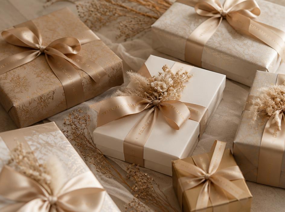 Elegant gift boxes wrapped in silk ribbons and dried flowers