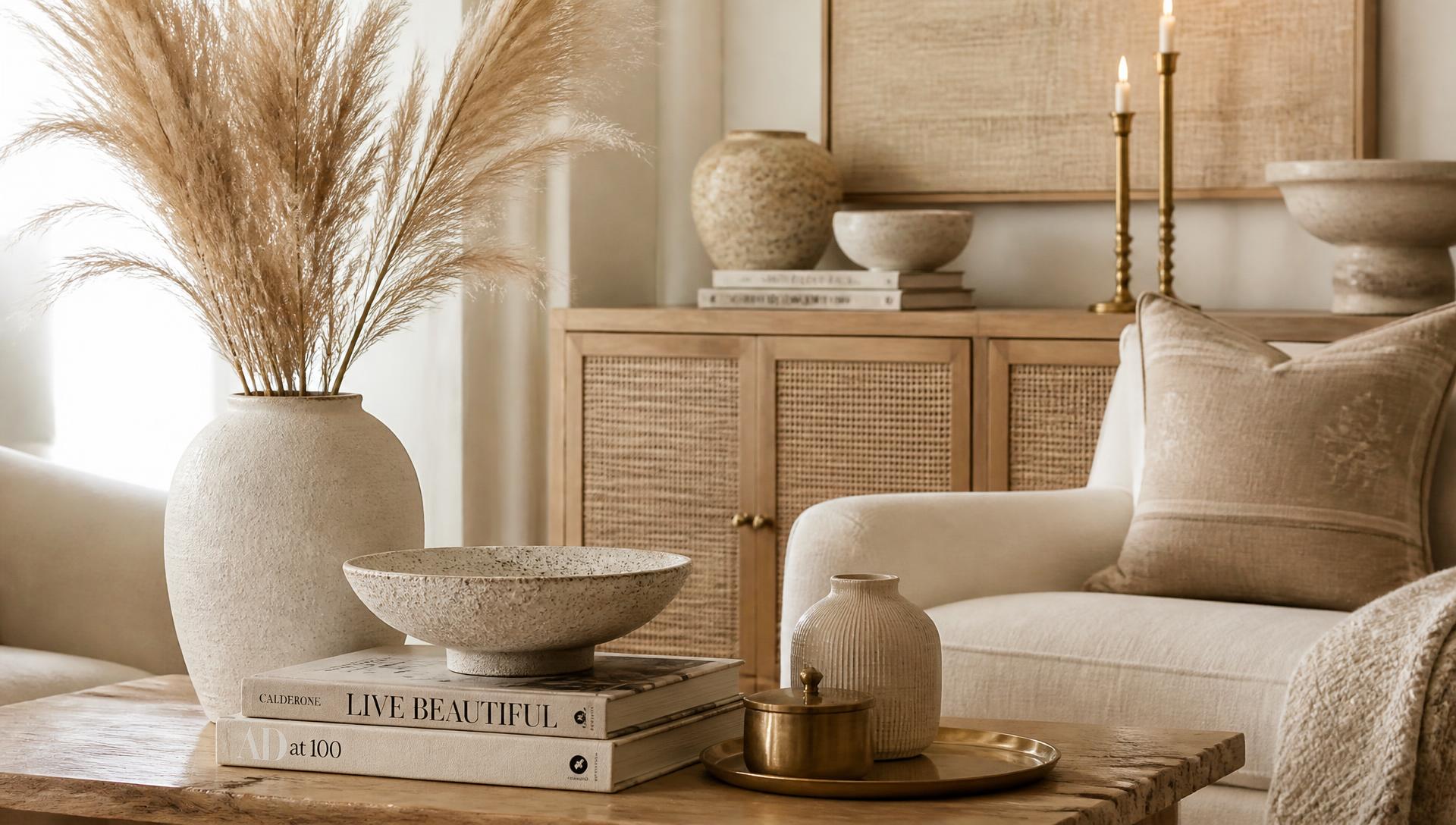 Elegant warm home interior with ceramics, brass accents, and pampas grass