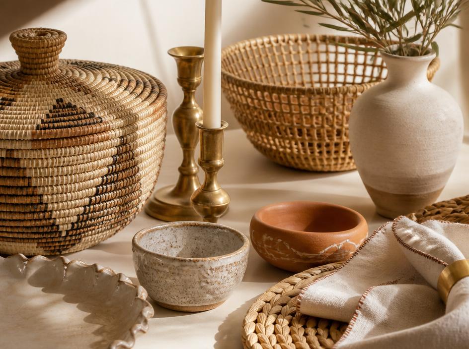 Curated home decor with woven baskets, brass candle holders, and ceramic bowls